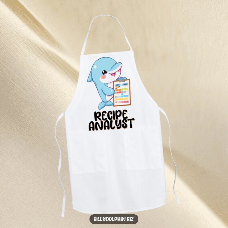 Funny dolphin apron with a clipboard and pen, assessing a colorful chart, perfect for precise and humorous cooking.
