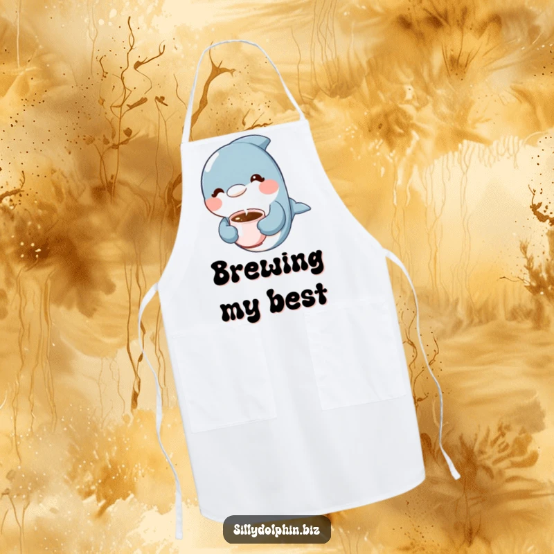 Funny Dolphin Apron: Dolphin holding a tiny steaming coffee cup with a content expression, kitchen coffee