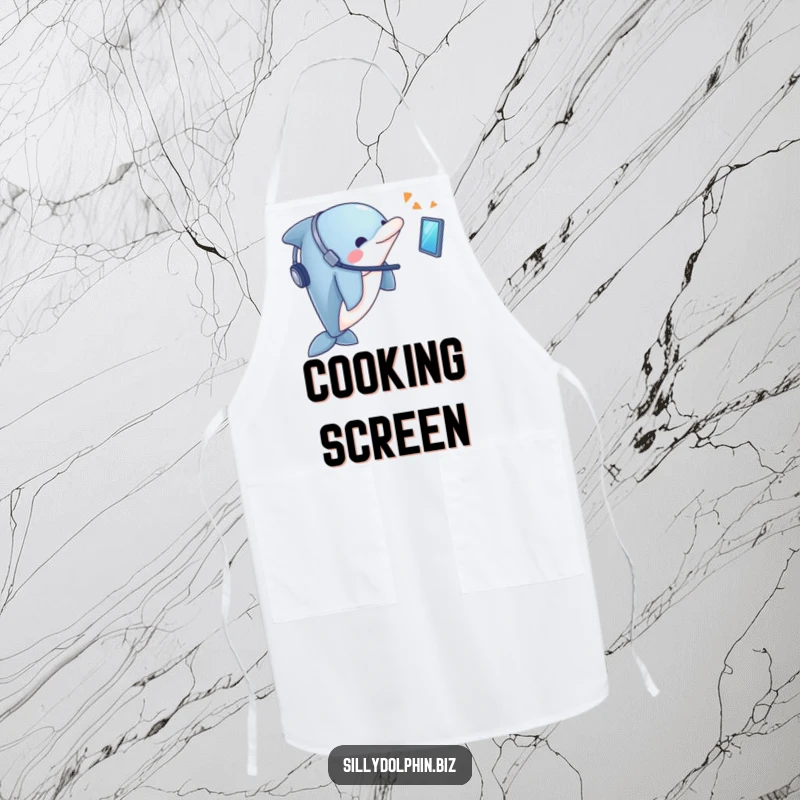 Funny Dolphin Apron: Dolphin with headset looks enthusiastically at a floating screen, kitchen tech