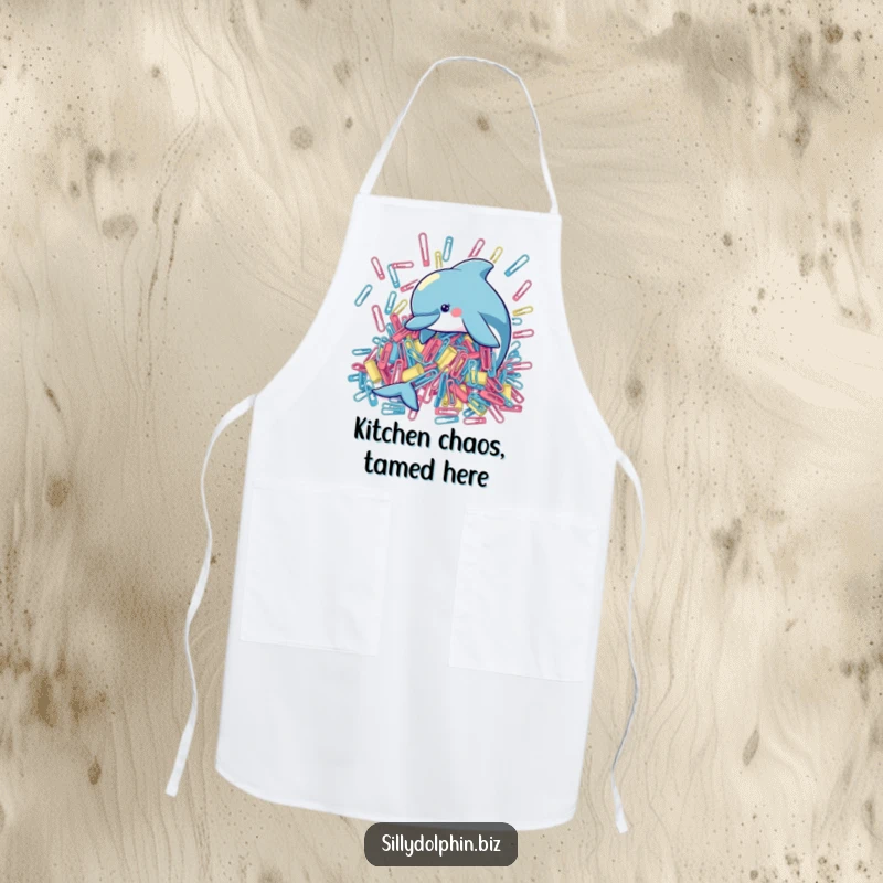 Funny apron showcasing a dolphin diligently attempting to organize a massive pile of oversized paperclips, ready for culinary adventures.
