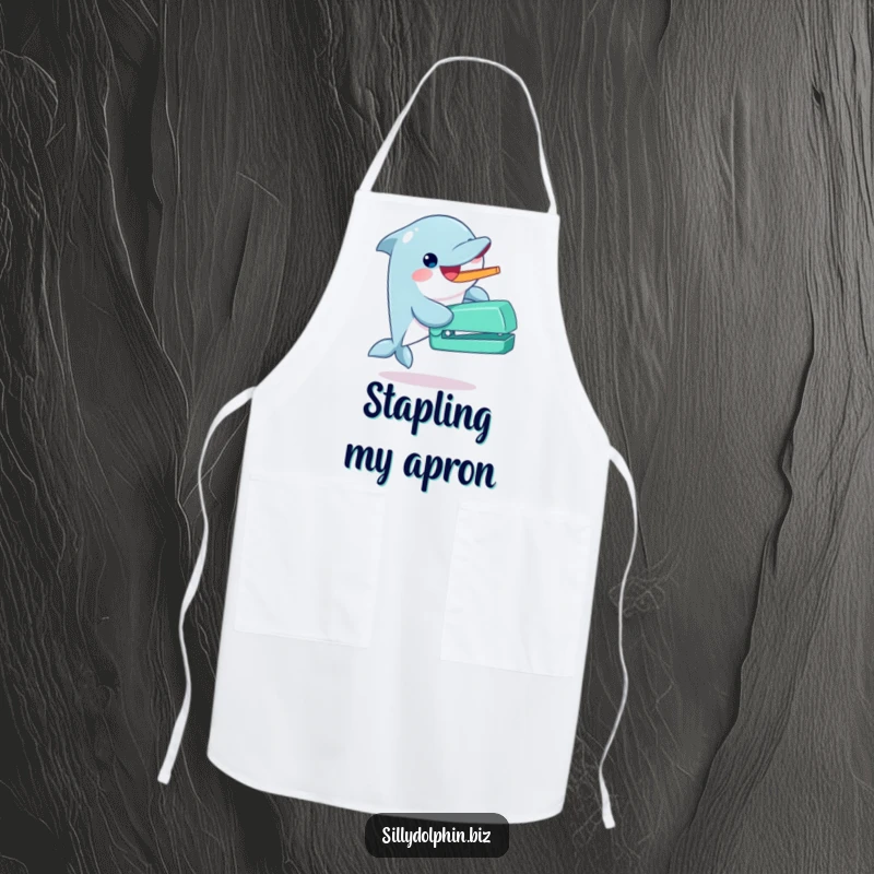Funny dolphin apron gleefully operating an oversized stapler with its fin, perfect for enthusiastic and humorous cooking.