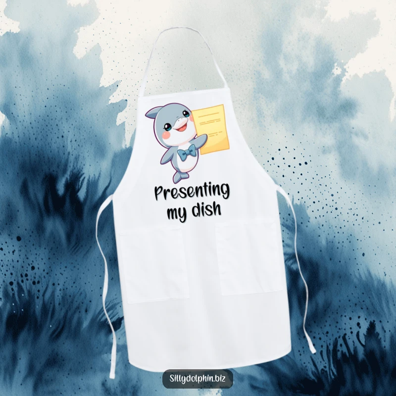 Funny Dolphin Apron: Smiling dolphin in a bowtie presents a glowing oversized report, kitchen humor