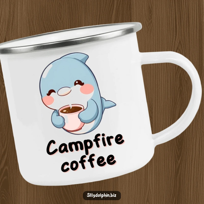Funny Dolphin Camping Mug: Dolphin holding a tiny steaming coffee cup with a content expression, outdoor coffee