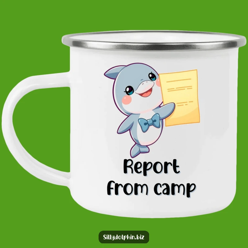 Funny Dolphin Bowtie Camping Mug: Adventure Fuel with a Presenting Dolphin, Unique Gift