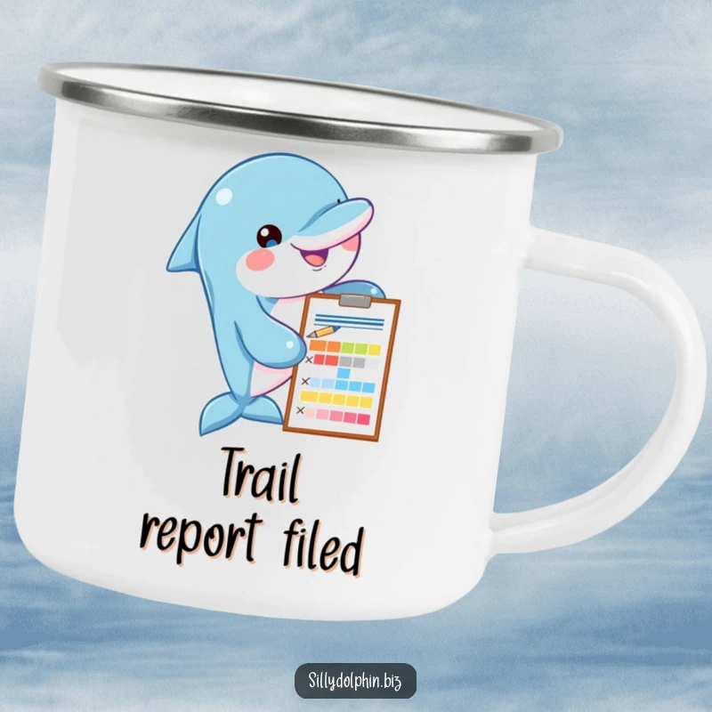 Funny dolphin camping mug with a clipboard and pen, assessing a colorful chart, perfect for analytical humor outdoors.