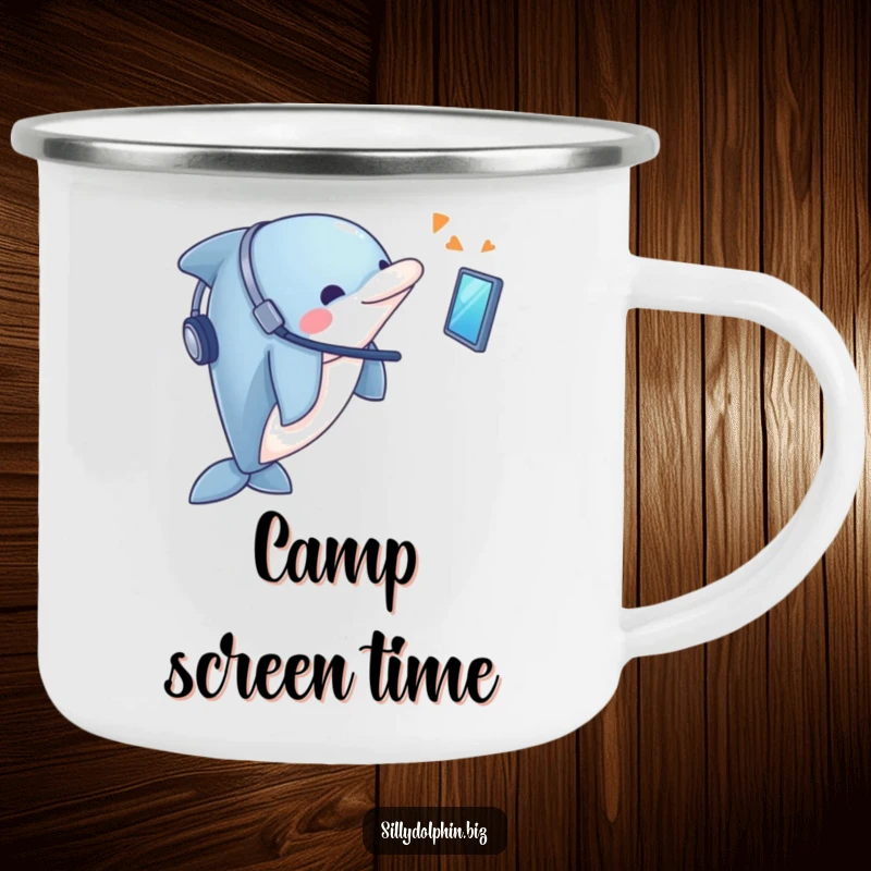 Funny Dolphin Camping Mug: Dolphin with headset looks enthusiastically at a floating screen, outdoor comms