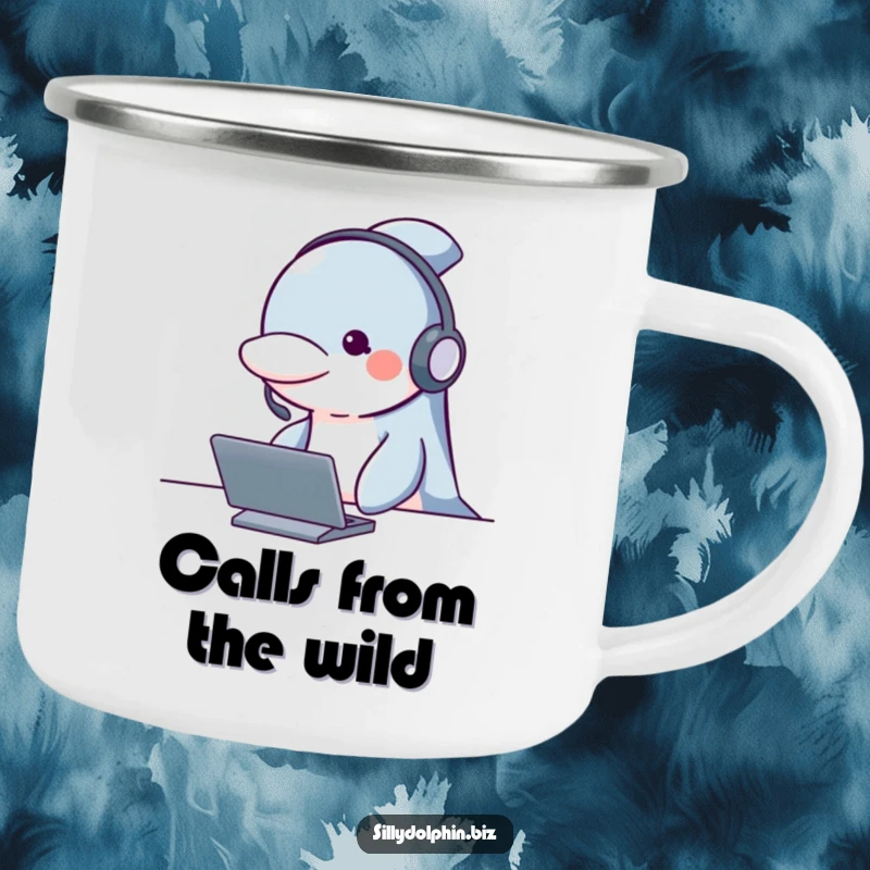 Funny dolphin camping mug with a headset, looking attentive behind a desk, perfect for attentive humor on the go.