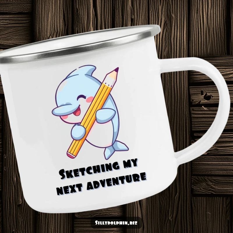 Funny camping mug depicting a happy dolphin holding an oversized, sharp pencil, ideal for creative outdoor inspiration.