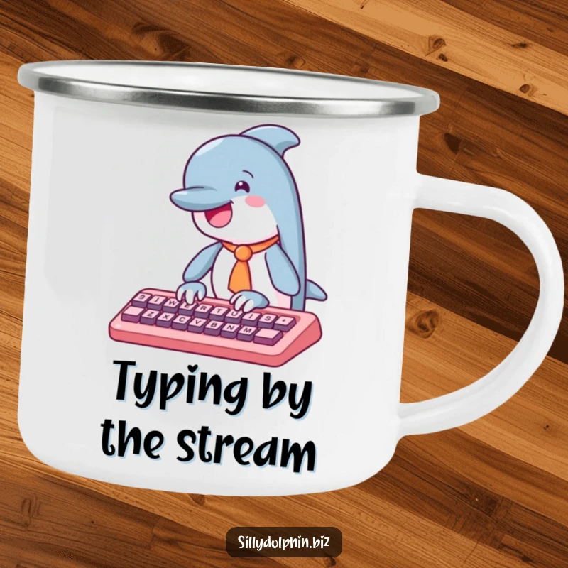 Funny dolphin camping mug with a tie, typing on an abstract keyboard, perfect for bringing office humor to outdoor adventures.