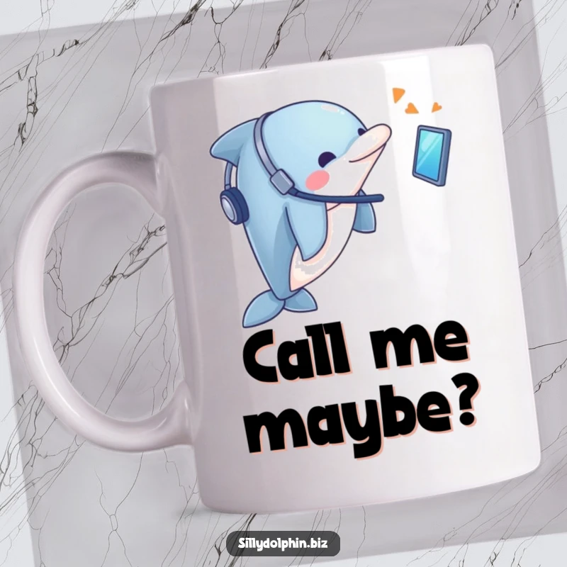 Funny Dolphin Mug: Dolphin with headset looks enthusiastically at a floating screen, perfect for remote teams