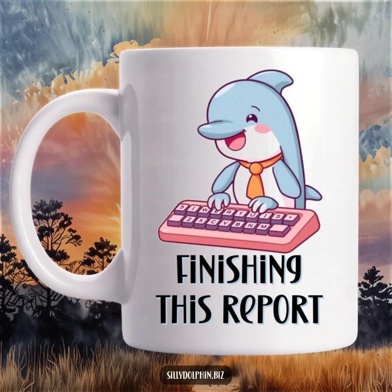 Funny dolphin mug with a tiny tie, enthusiastically typing on an abstract keyboard, conveying office humor and dedication.
