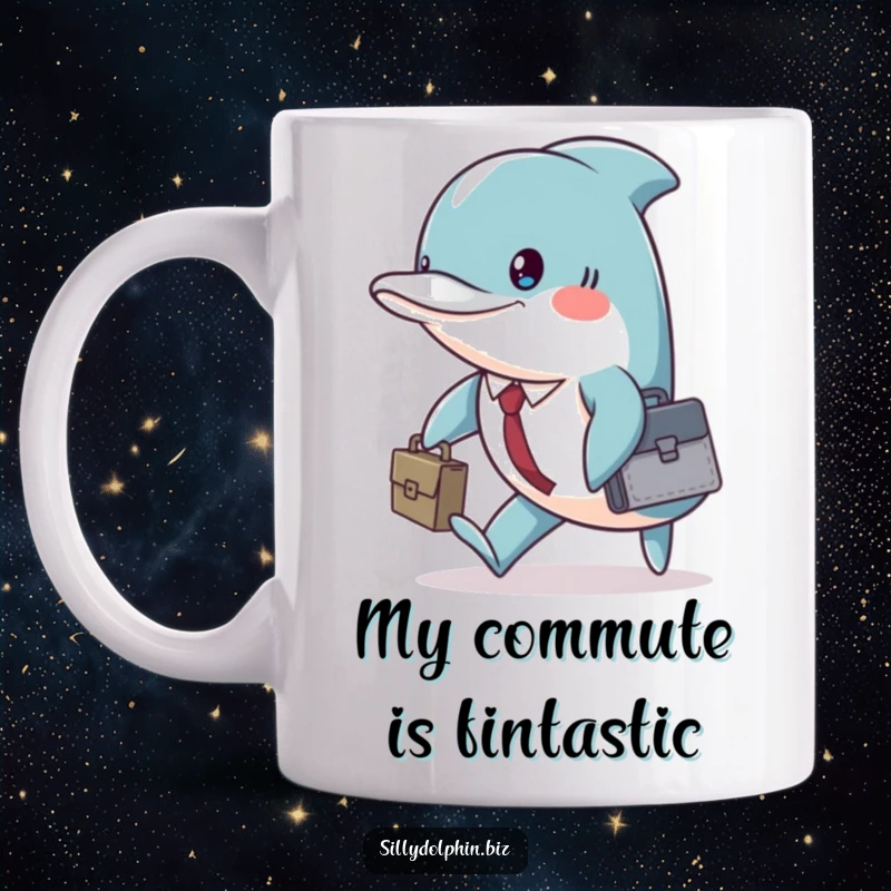 Funny dolphin wearing a tiny briefcase, marching with a determined expression, embarking on its daily business on a mug.