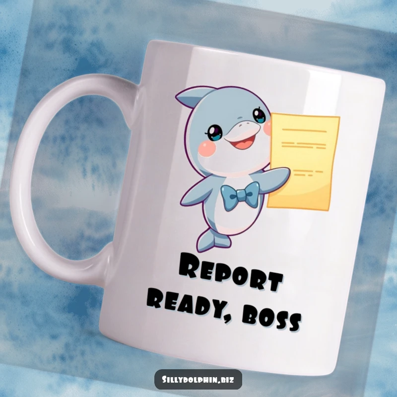 Funny Dolphin Mug: Smiling dolphin in a bowtie proudly presents a giant glowing report, perfect for office humor enthusiasts