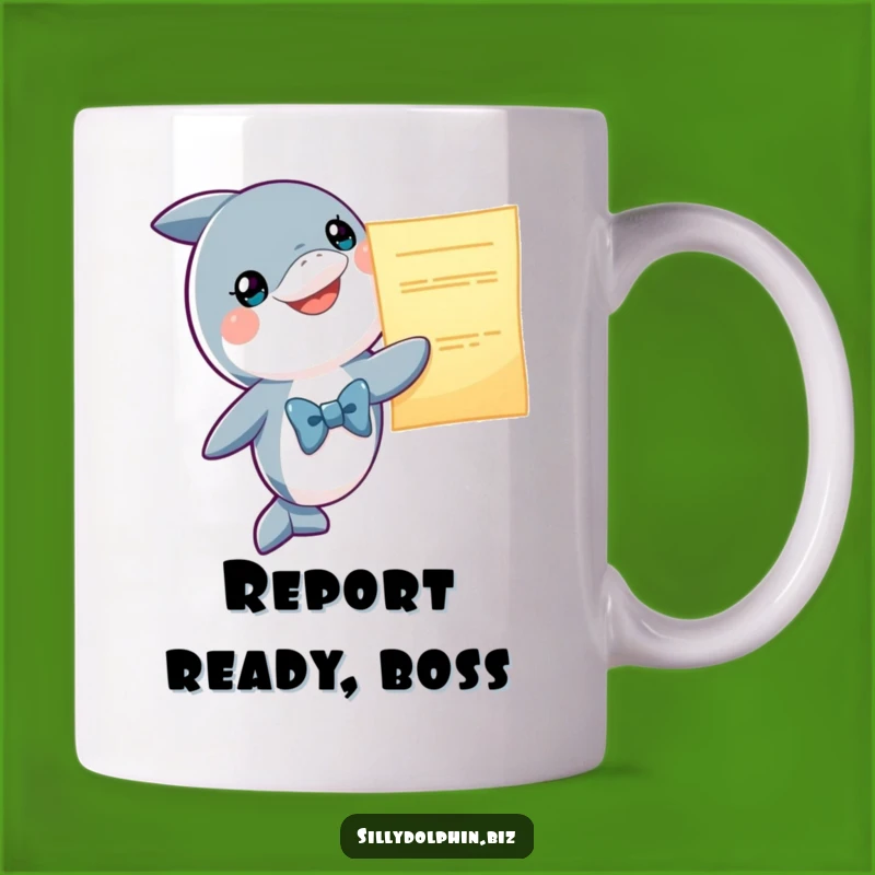 Funny Dolphin Report Mug: A Smiling Bowtie Dolphin Presenting Big News, Perfect Gift