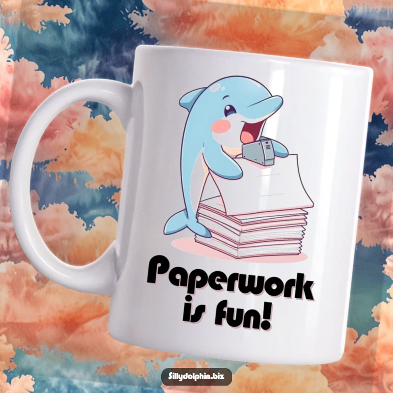 Funny Dolphin Mug: Dolphin joyfully staples oversized papers with fins, ideal for office humor