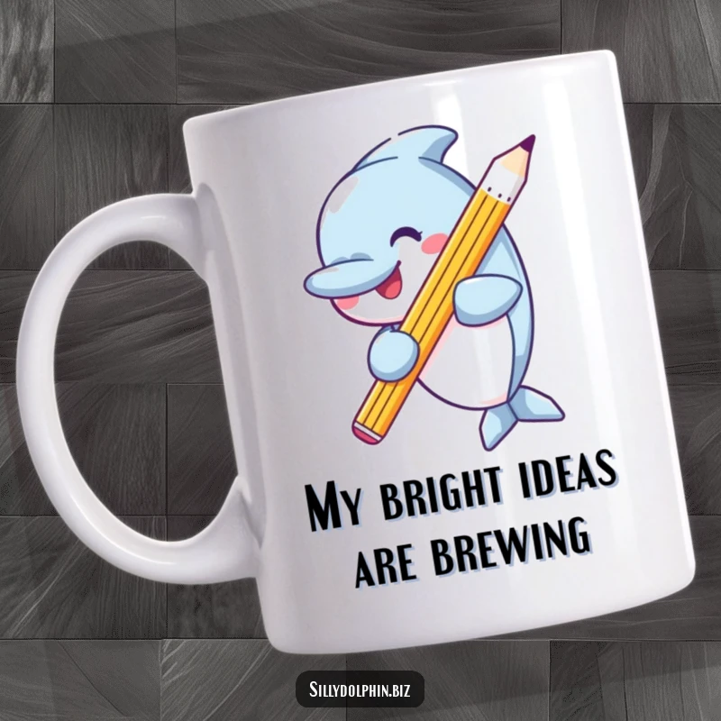 Funny mug with a happy dolphin proudly holding a single, oversized, perfectly sharpened pencil, symbolizing big creative ideas.