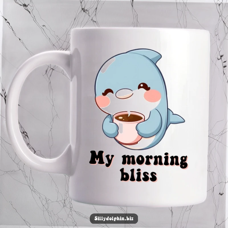 Funny Dolphin Mug: Dolphin holding a tiny steaming coffee cup with a content expression, morning delight