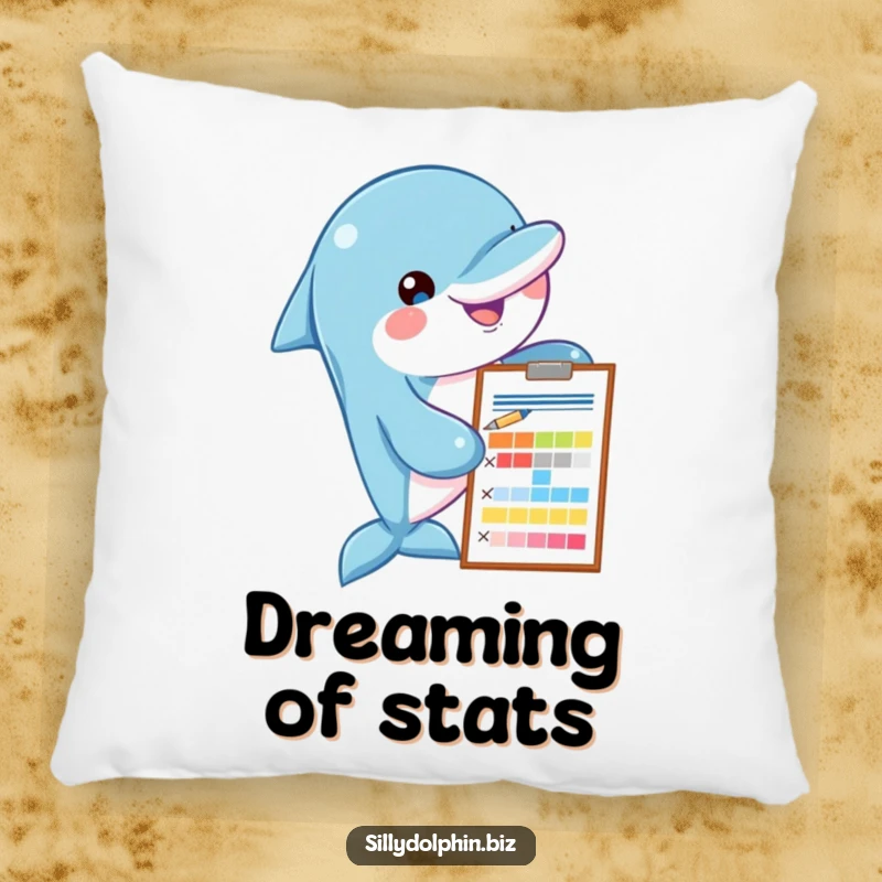 Funny dolphin pillow with a clipboard and pen, assessing a colorful chart, perfect for comfortable and analytical lounging.