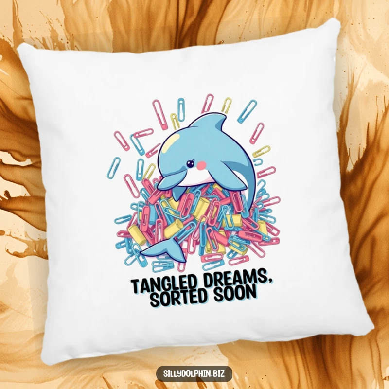 Funny pillow design of a dolphin working hard to organize a large pile of oversized paperclips, a comical and cute sight.
