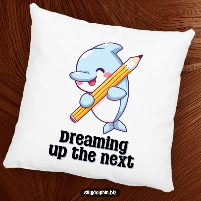 Funny pillow design of a happy dolphin holding a large, sharp pencil, a symbol of creativity and playful expression.