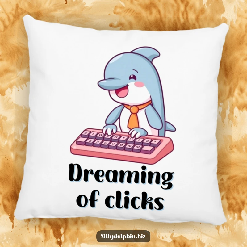 Funny dolphin pillow with a tie, enthusiastically typing on an abstract keyboard, perfect for cozy office humor.