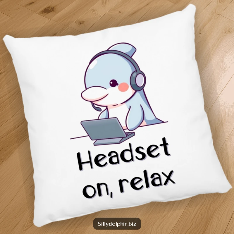 Funny dolphin pillow wearing a headset, looking attentive behind a desk, perfect for comfortable and humorous relaxation.
