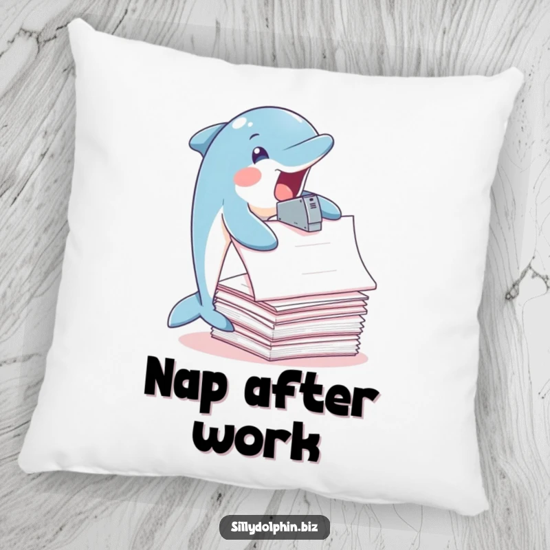 Funny Dolphin Pillow: Dolphin joyfully staples oversized papers with fins, comfy office decor