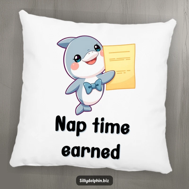Funny Dolphin Pillow: A smiling dolphin in a tiny bowtie presents a glowing oversized report, comfy decor