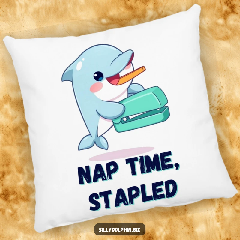 Funny dolphin pillow gleefully operating an oversized stapler with its fin, perfect for comfortable and enthusiastic lounging.