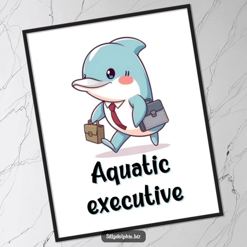 Funny dolphin carrying a briefcase, marching with unwavering resolve, available as a digital art print.