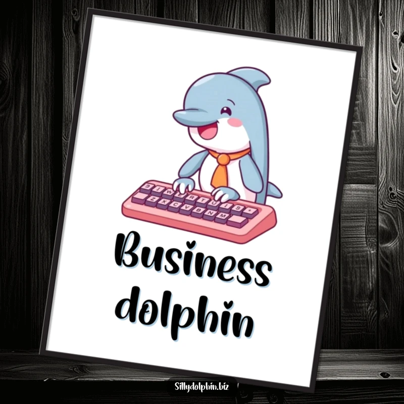 Funny dolphin digital art print of a tie-wearing dolphin typing enthusiastically on an abstract keyboard, adding instant office humor.