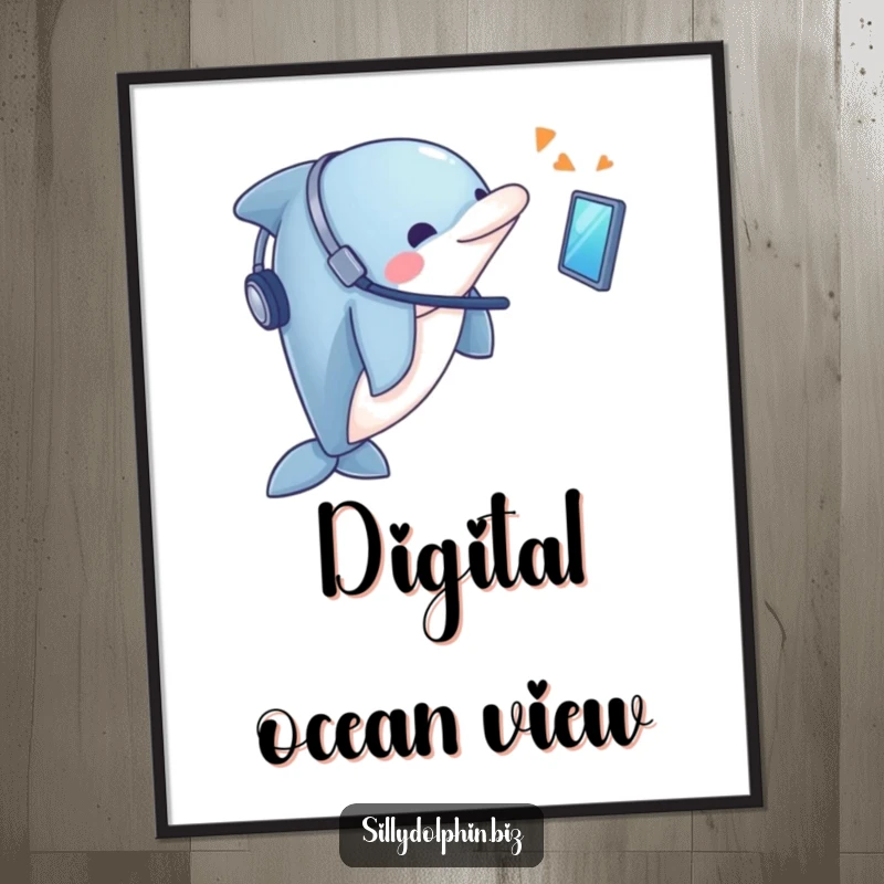 Funny Dolphin Digital Art Print: Dolphin with headset looks enthusiastically at a floating screen, tech decor