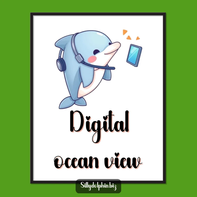Funny Dolphin Headset Digital Art: Printable Tech Dolphin Art, Instant Funny Gift
