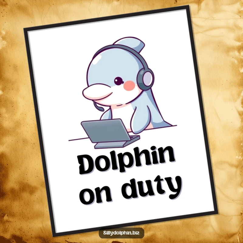 Funny dolphin digital art print of a dolphin wearing a headset, looking attentive behind a desk, adding instant focus and humor.