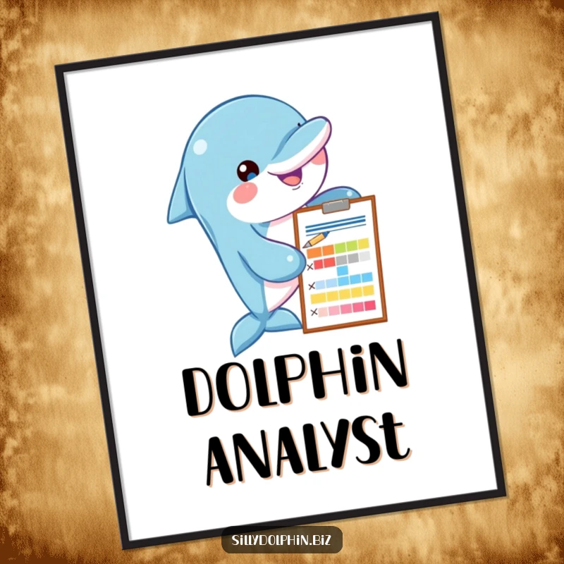 Funny dolphin digital art print of a dolphin with a clipboard and pen, assessing a colorful chart, adding instant analytical humor.