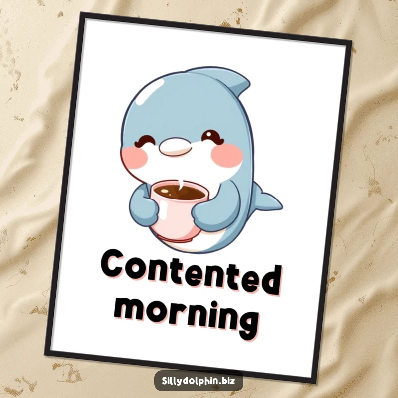 Funny Dolphin Digital Art Print: Dolphin holding a tiny steaming coffee cup with a content expression, coffee decor