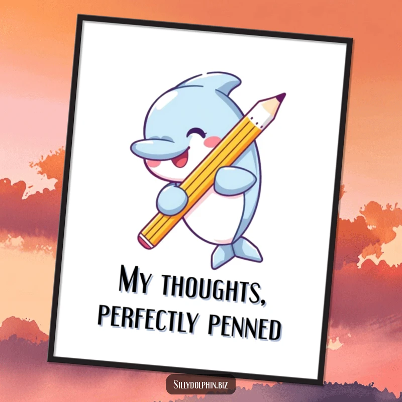 Funny digital artwork of a happy dolphin holding a single, oversized, perfectly sharpened pencil, symbolizing creativity and joy.