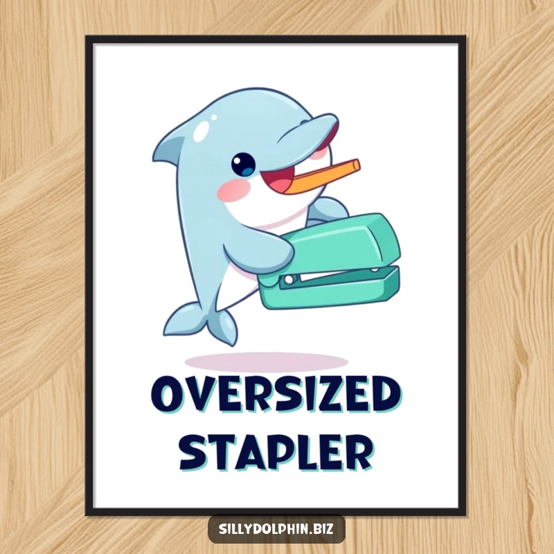Funny dolphin digital art print of a dolphin gleefully operating an oversized stapler with its fin, adding instant enthusiastic humor.