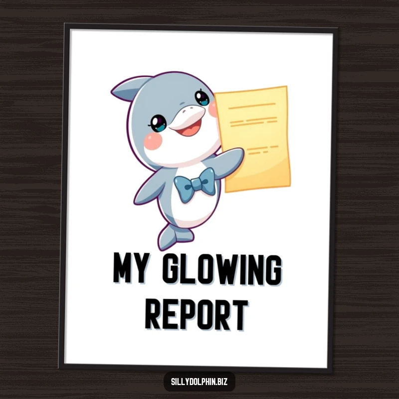 Funny Dolphin Digital Art Print: Smiling dolphin in a bowtie presents a glowing oversized report, printable decor