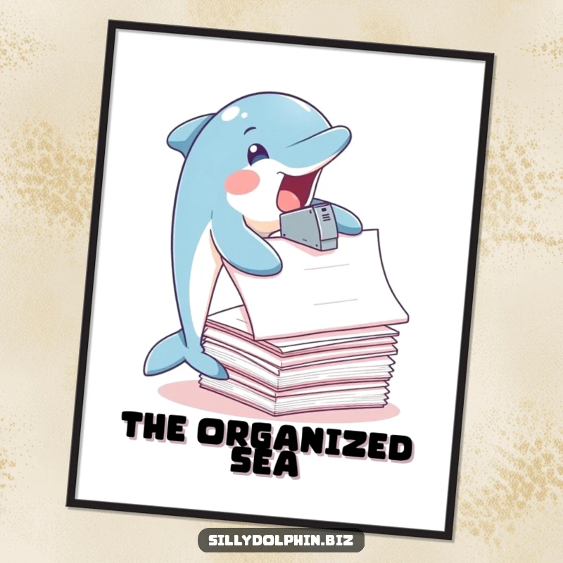 Funny Dolphin Digital Art Print: Dolphin joyfully staples oversized papers with fins, workspace decor