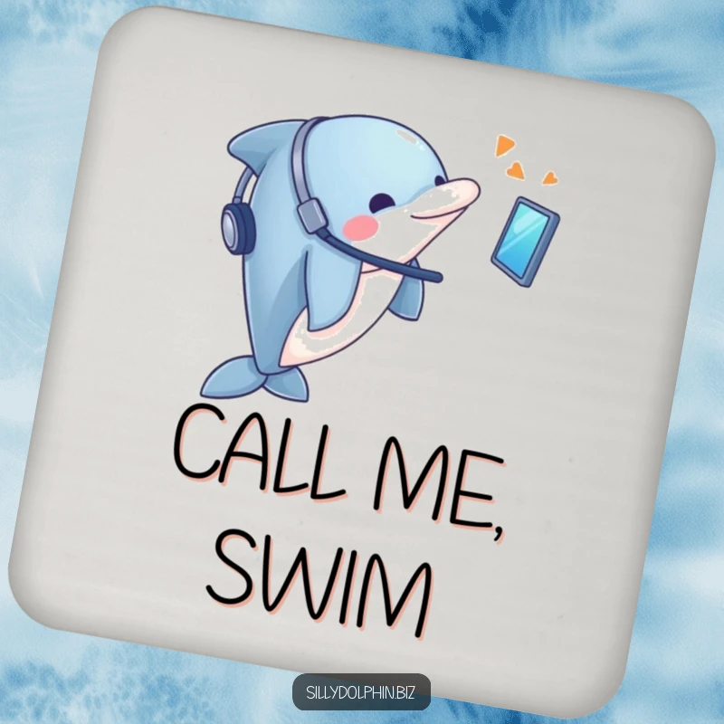 Funny Dolphin Coaster: Dolphin with headset looks enthusiastically at a floating screen, tech protection