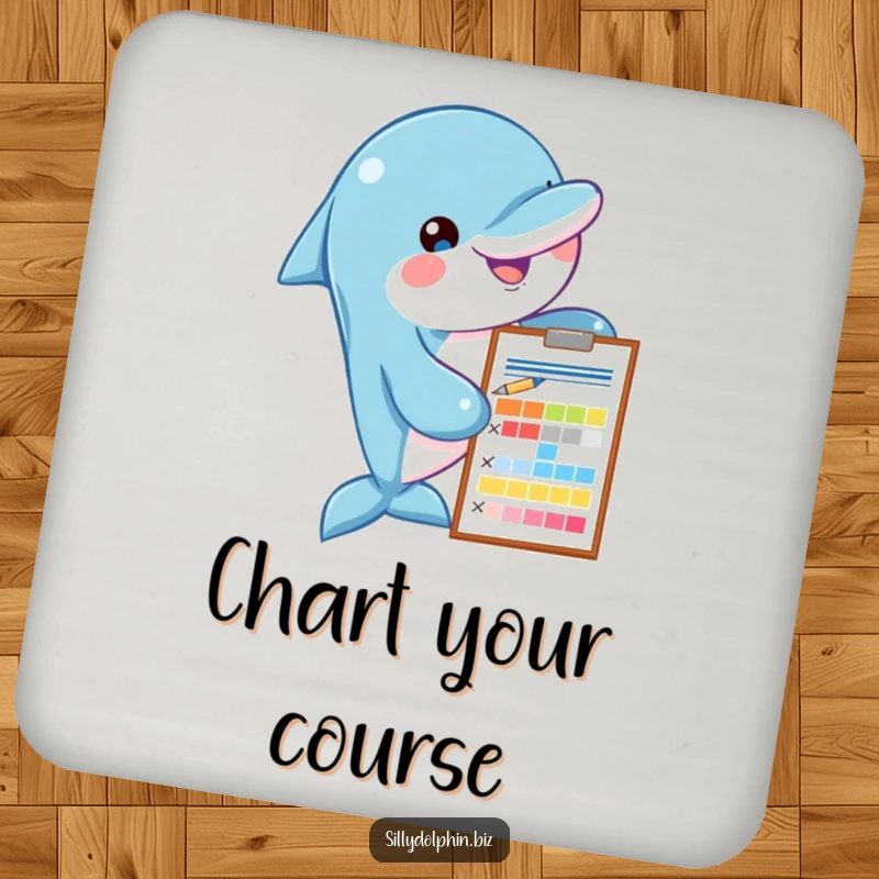 Funny dolphin coaster with a clipboard and pen, assessing a colorful chart, offering analytical and humorous surface protection.