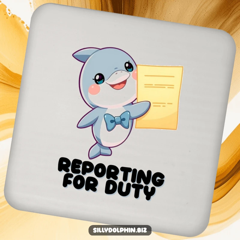 Funny Dolphin Coaster: Smiling dolphin in a bowtie presents a glowing oversized report, protect your table