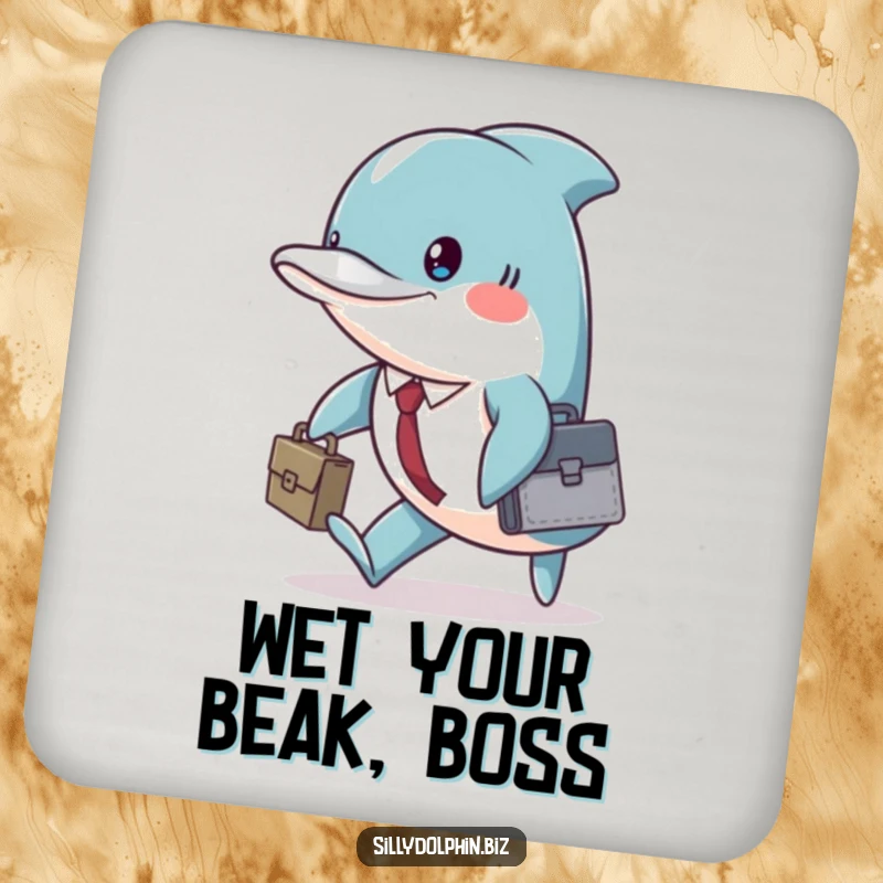 Funny dolphin with a briefcase, marching with purpose, on a drink coaster.
