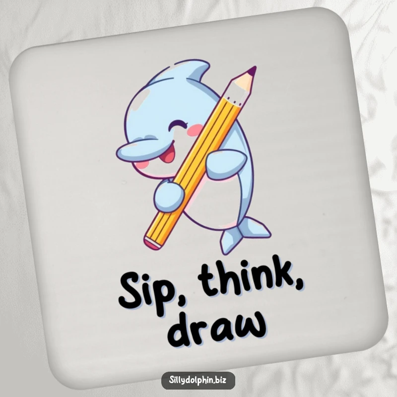 Funny drink coasters illustrating a happy dolphin holding a large, perfectly sharpened pencil, protecting surfaces with artistic humor.