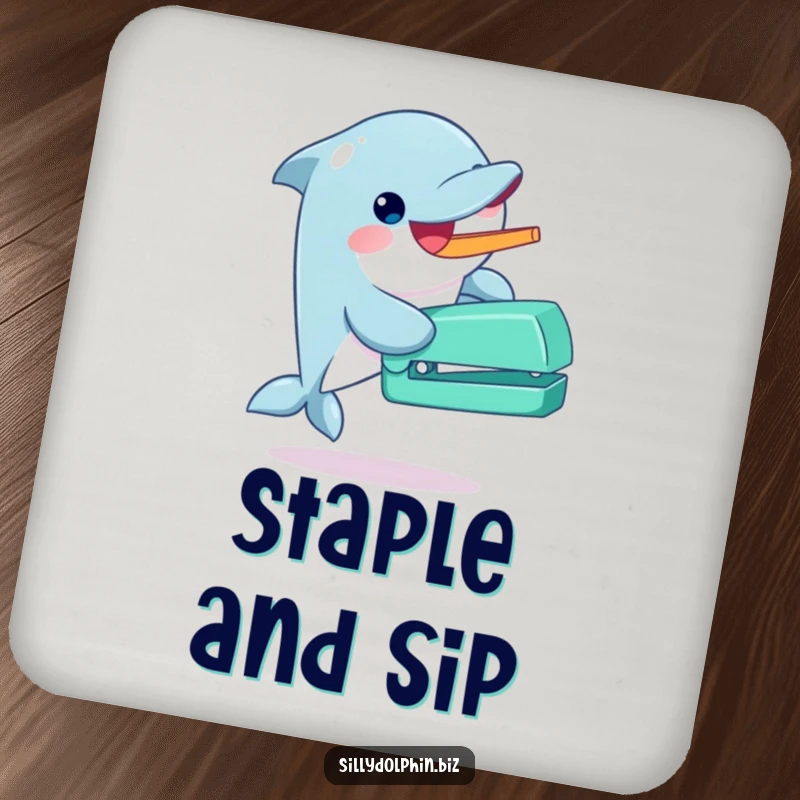 Funny dolphin coaster gleefully operating an oversized stapler with its fin, offering enthusiastic and humorous surface protection.