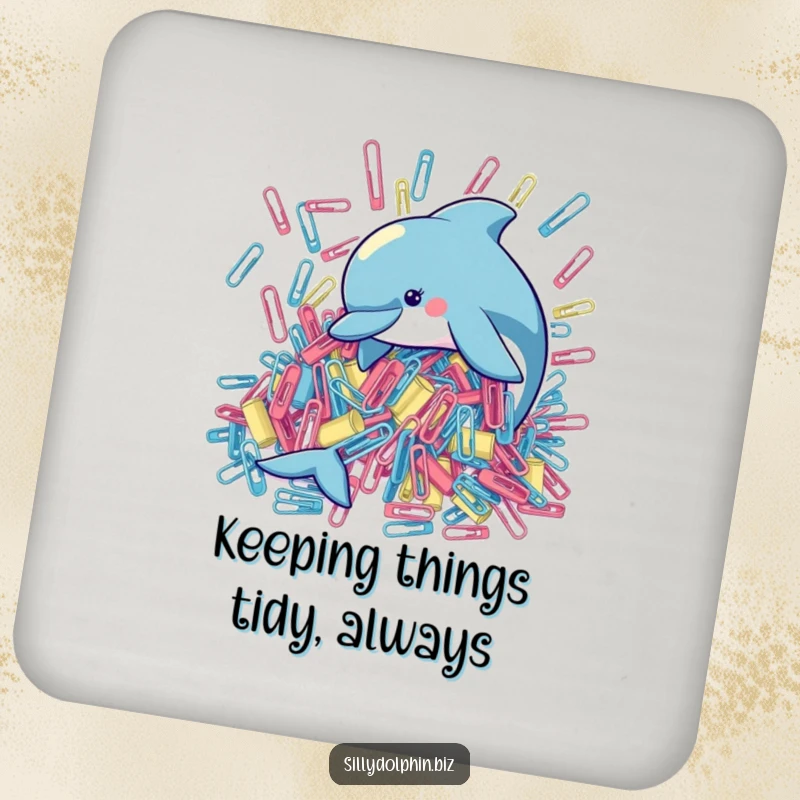 Funny drink coasters illustrating a playful dolphin attempting to organize a massive pile of oversized paperclips, protecting surfaces with humor.