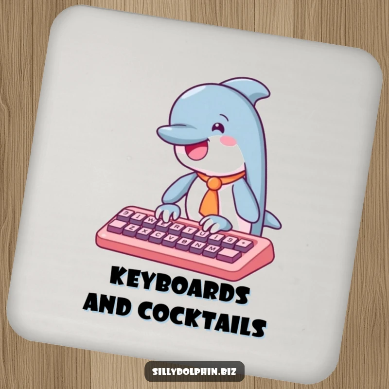 Funny dolphin coaster with a tie, typing on an abstract keyboard, offering witty surface protection.
