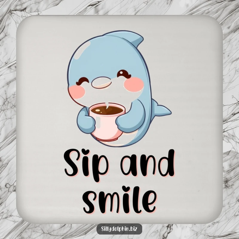 Funny Dolphin Coaster: Dolphin holding a tiny steaming coffee cup with a content expression, coffee protection