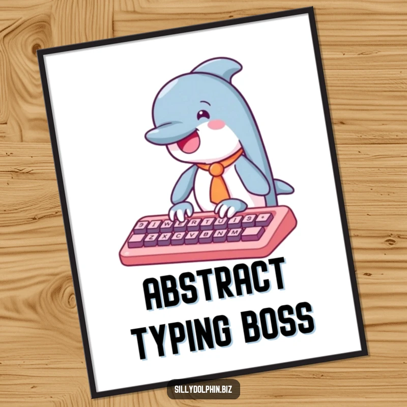 Funny dolphin poster featuring a tie-wearing dolphin typing enthusiastically on an abstract keyboard, adding office humor.